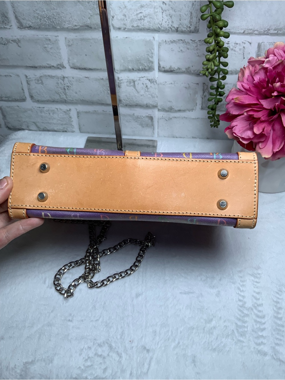 Made in Italy Dooney & Bourke Purple Signature Crossbody with Tan Trim - Picture 4 of 8